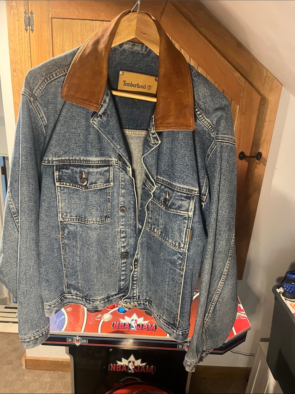 Vintage Timberland Denim Jacket with Brown Suede Collar